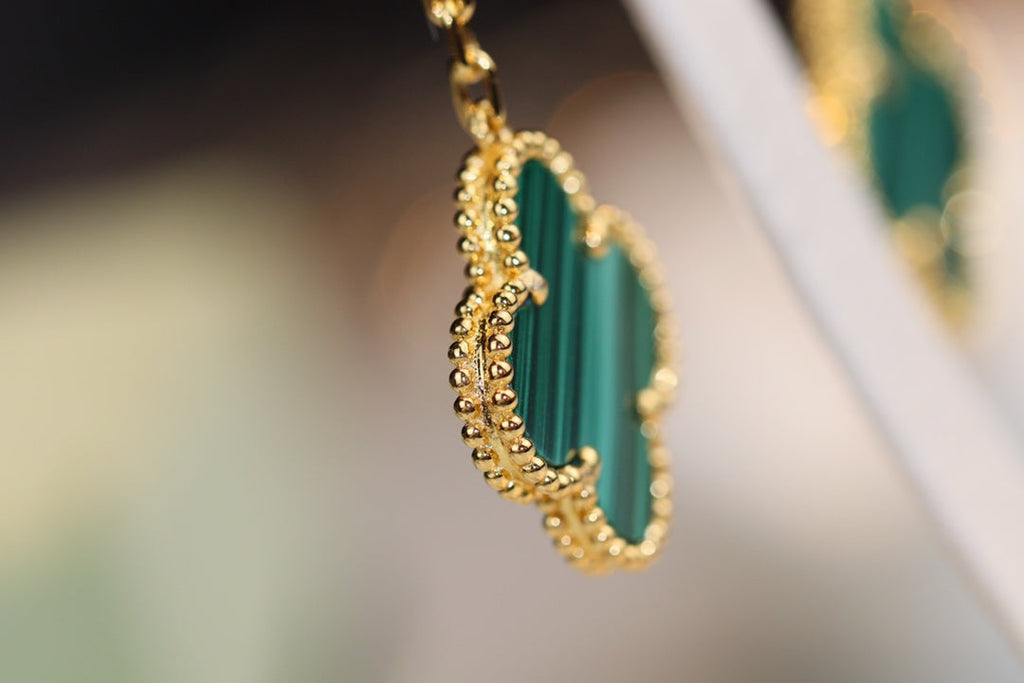„Dream“-Ohrringe, Kleeblatt, Gold, Malachit, Diamant, 3 Motive