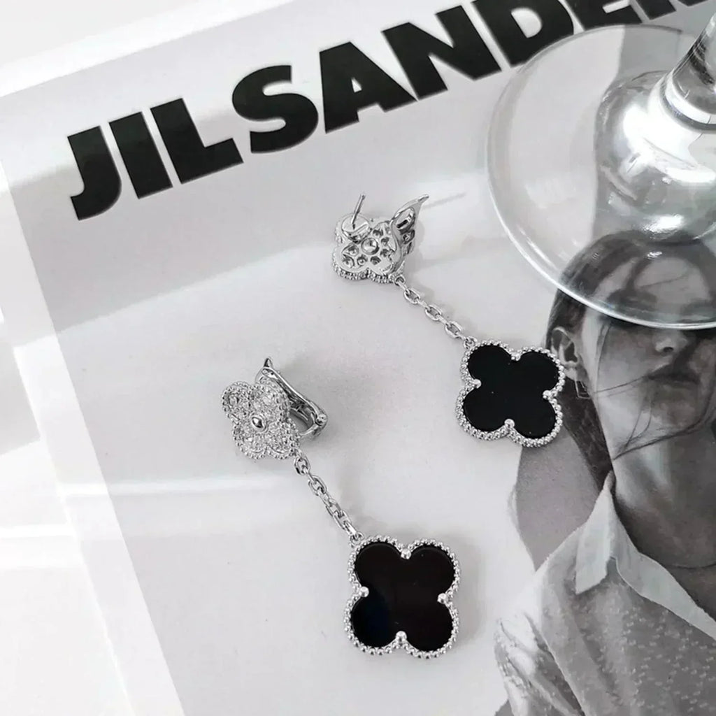 „Dream“ CLOVER 2 MOTIVE DIAMANT ONYX OHRRINGE SILBER