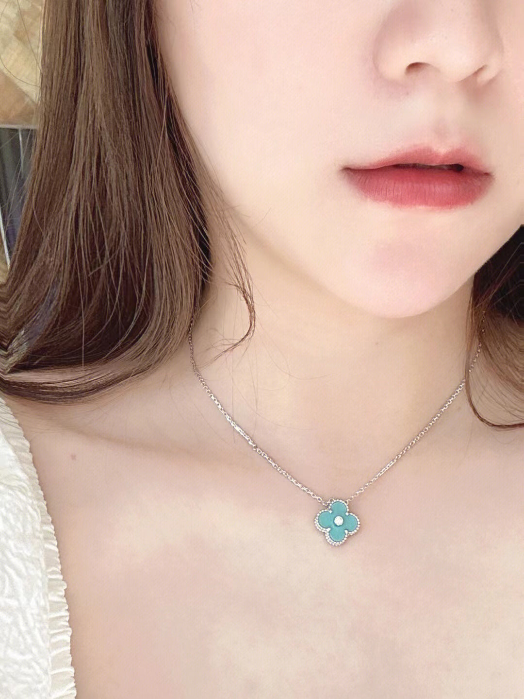 ¡®Dream¡¯CLOVER 1 DIAMOND LIGHT BLUE SILVER NECKLACE