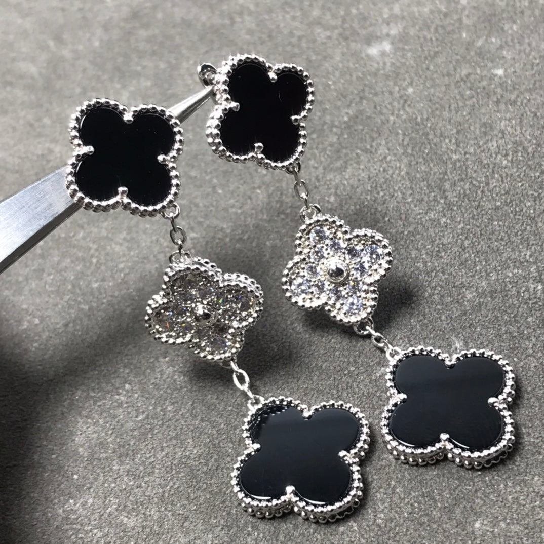 „Dream“-KLEE 3 MOTIV DIAMANT ONYX SILBER OHRRINGE