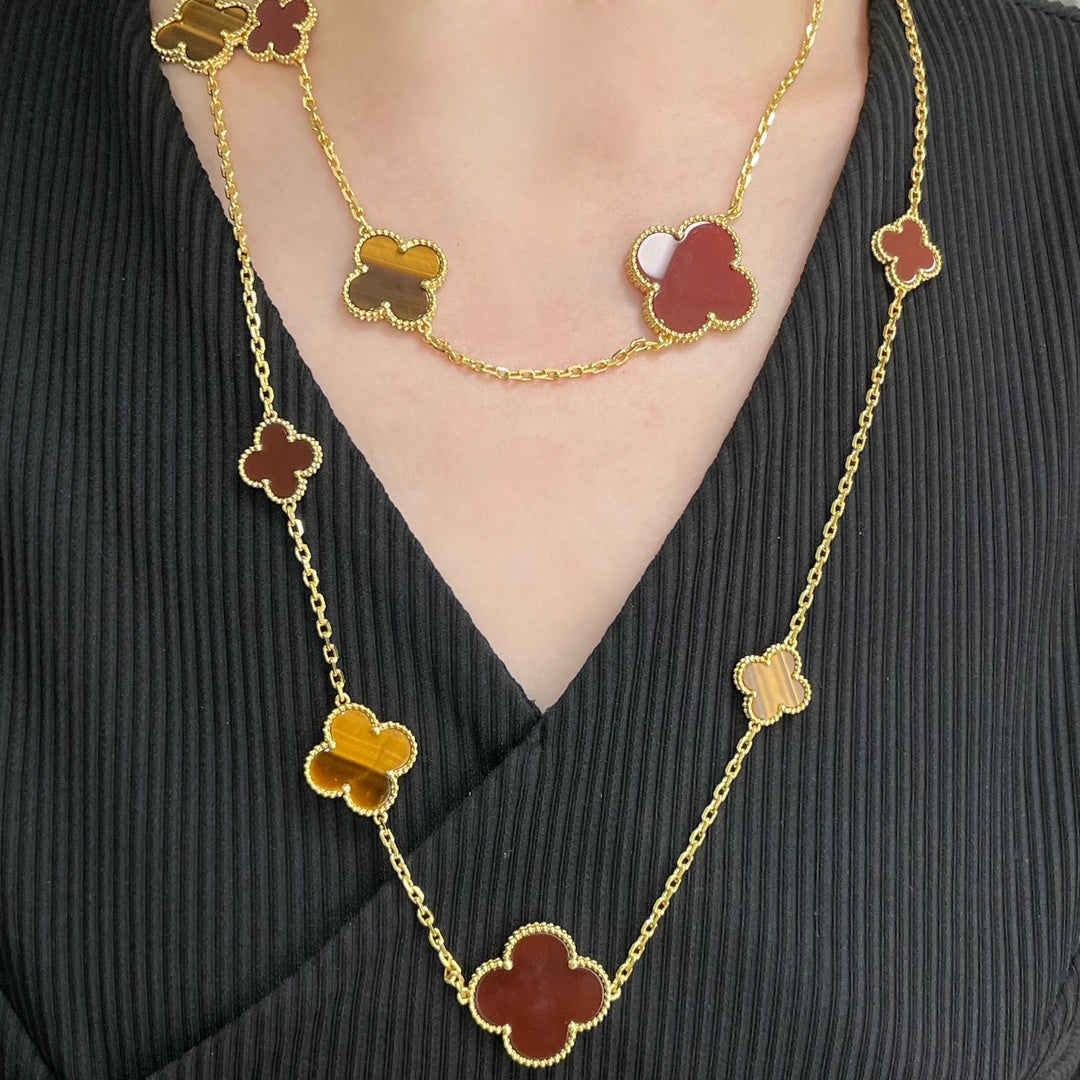 ¡®Dream¡¯CLOVER 16 MOTIF CARNELIAN TIGER EYE ROSE GOLD NECKLACE