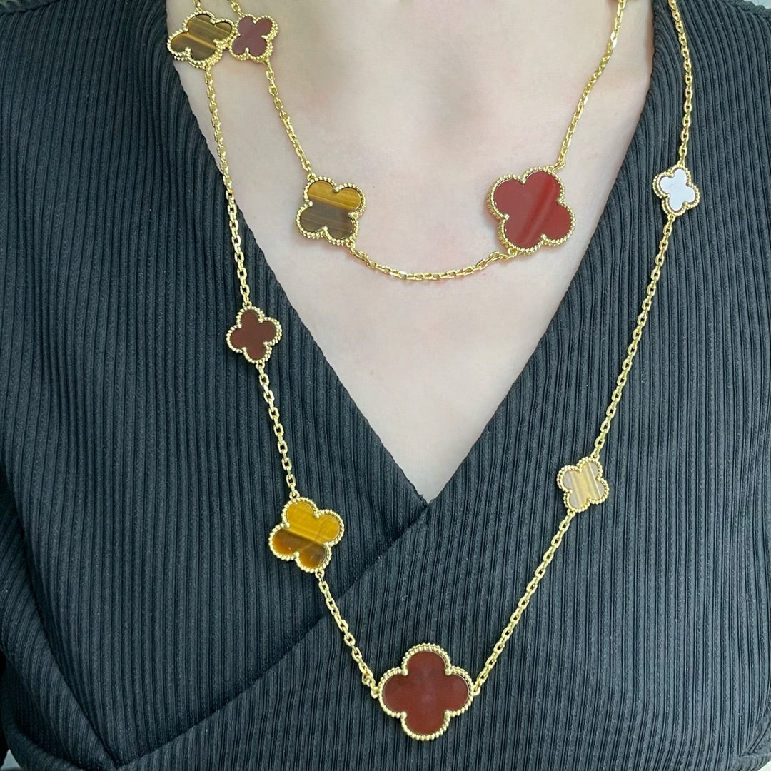 ¡®Dream¡¯CLOVER 16 MOTIF CARNELIAN TIGER EYE ROSE GOLD NECKLACE