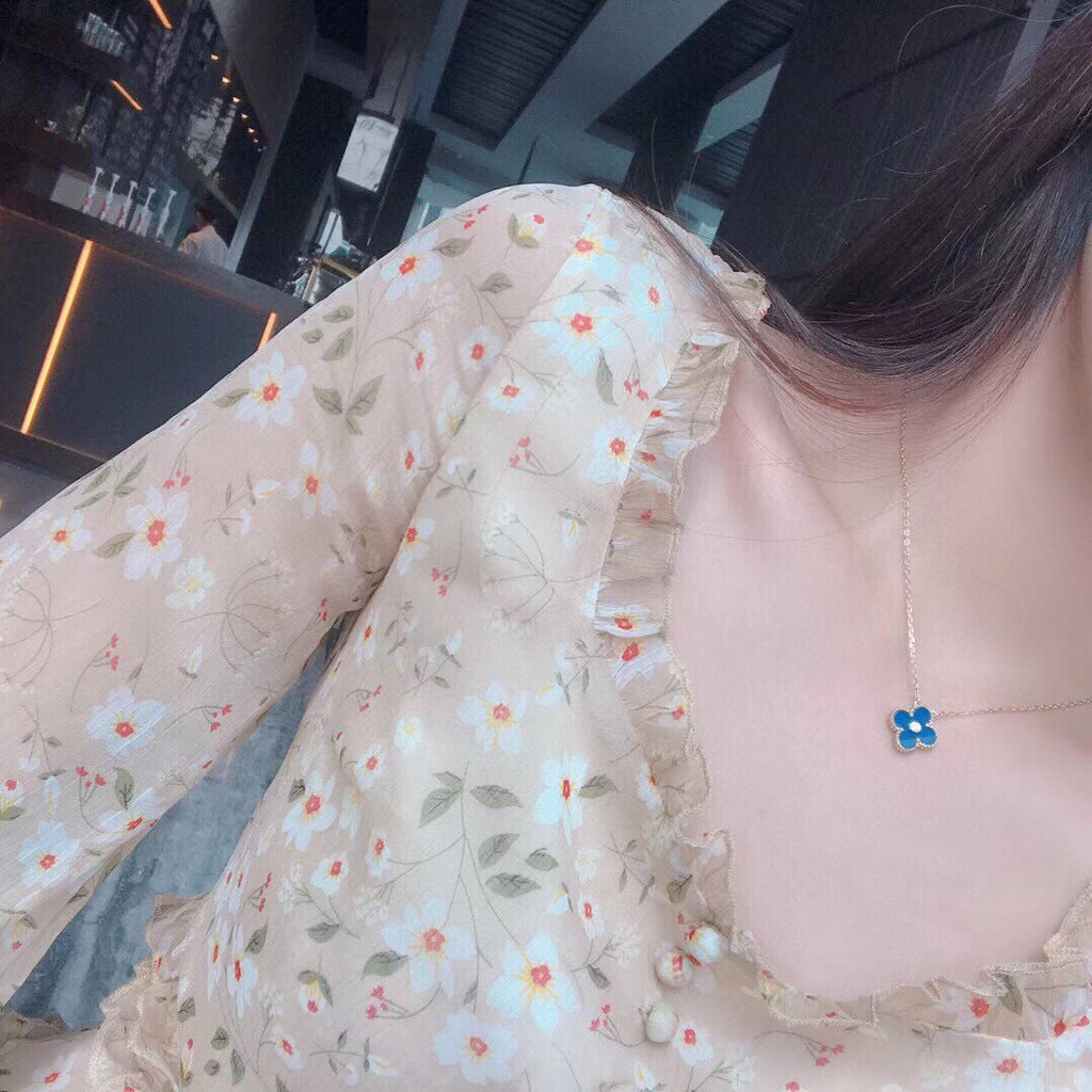 「ドリーム」クローバー 15MM ダイヤモンド＆ブルーアゲートネックレス