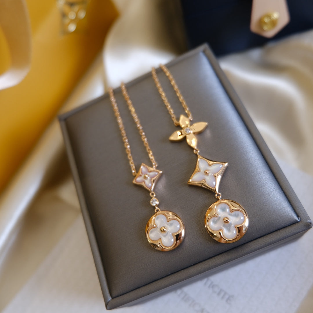 ¡®Dream¡¯FARBENE BLÜTEN-LARIAT-HALSKETTE ROSÉGOLD WEISSE PERLMUTT UND DIAMANT