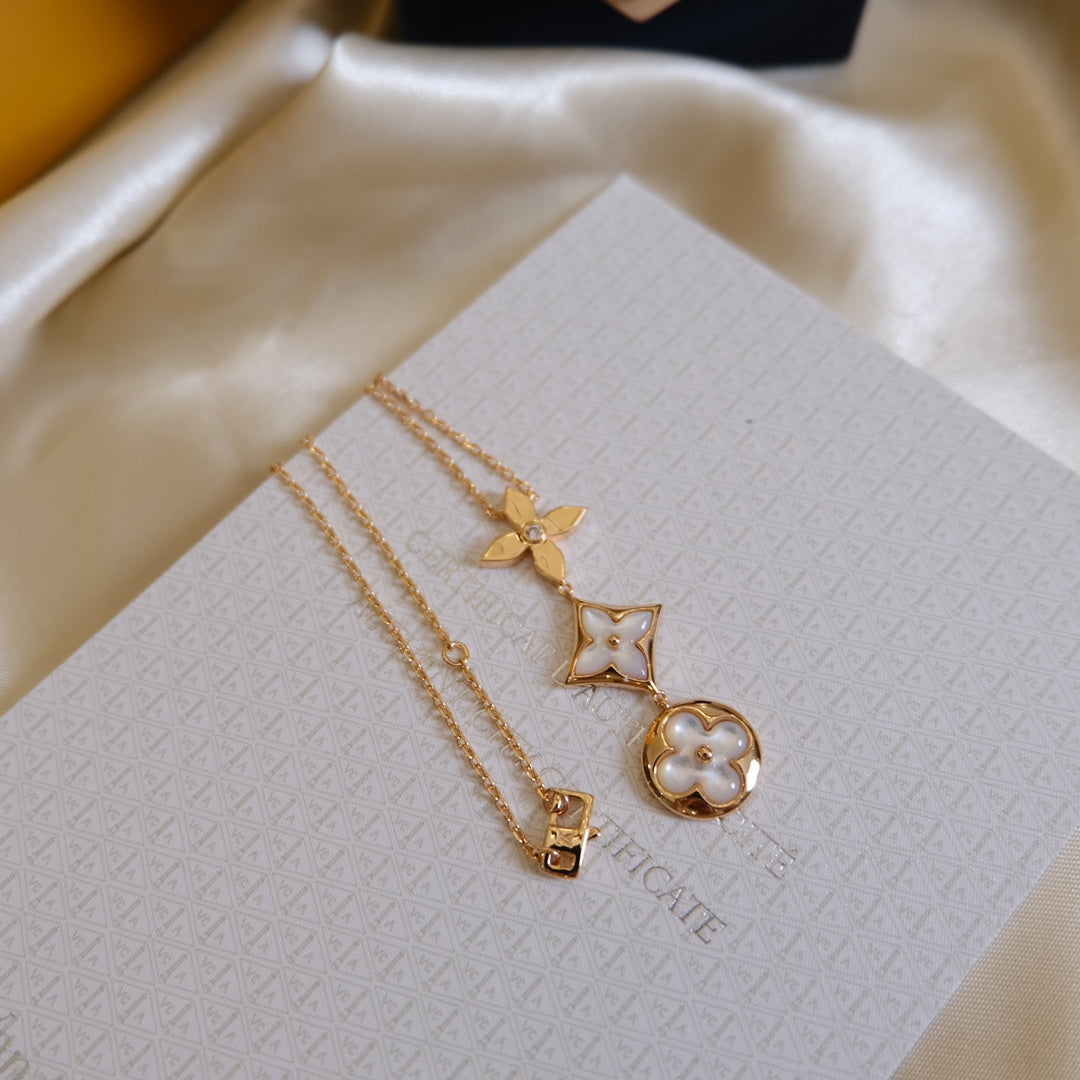 ¡®Dream¡¯FARBENE BLÜTEN-LARIAT-HALSKETTE ROSÉGOLD WEISSE PERLMUTT UND DIAMANT
