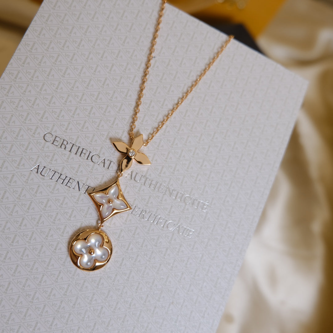 ¡®Dream¡¯FARBENE BLÜTEN-LARIAT-HALSKETTE ROSÉGOLD WEISSE PERLMUTT UND DIAMANT