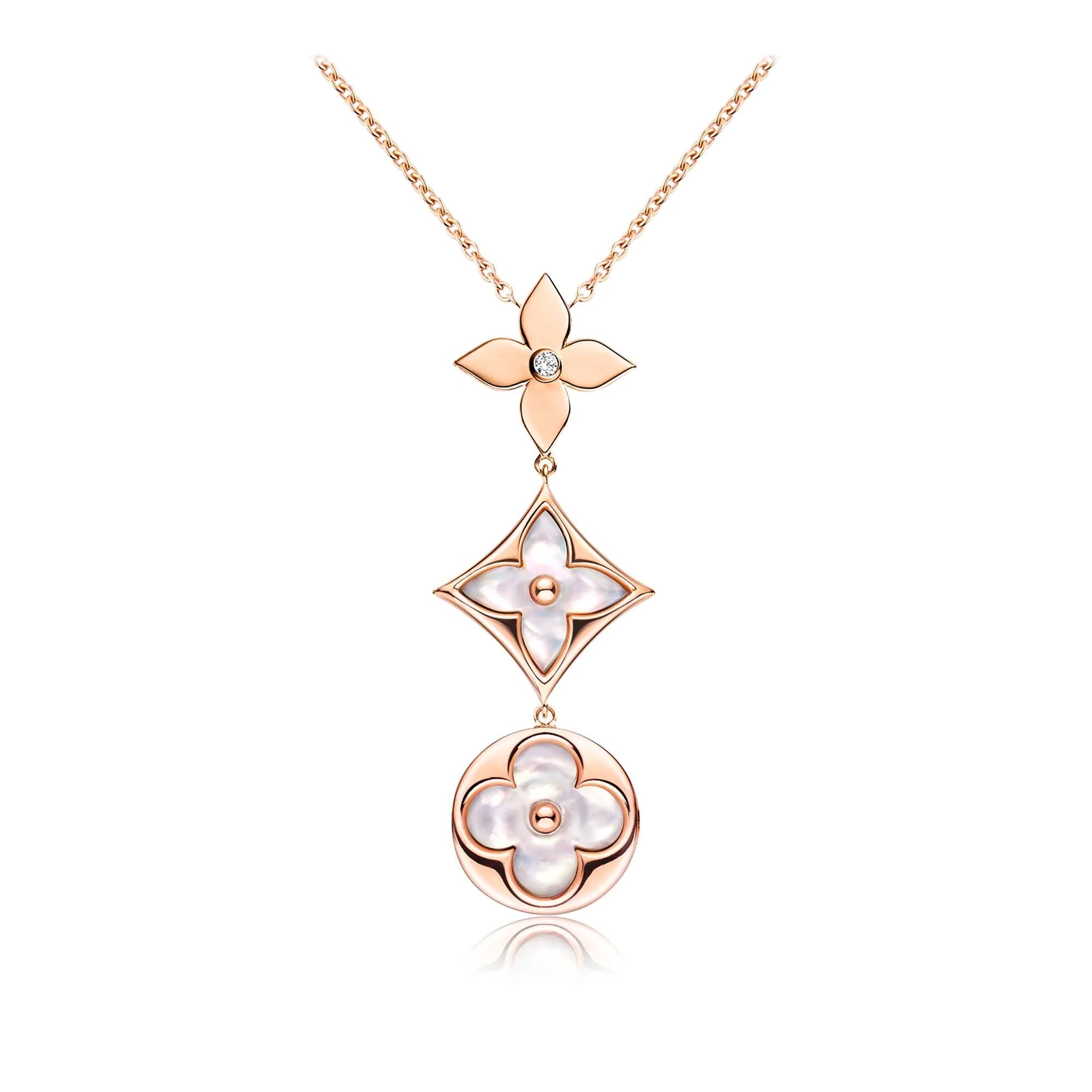 ¡®Dream¡¯FARBENE BLÜTEN-LARIAT-HALSKETTE ROSÉGOLD WEISSE PERLMUTT UND DIAMANT