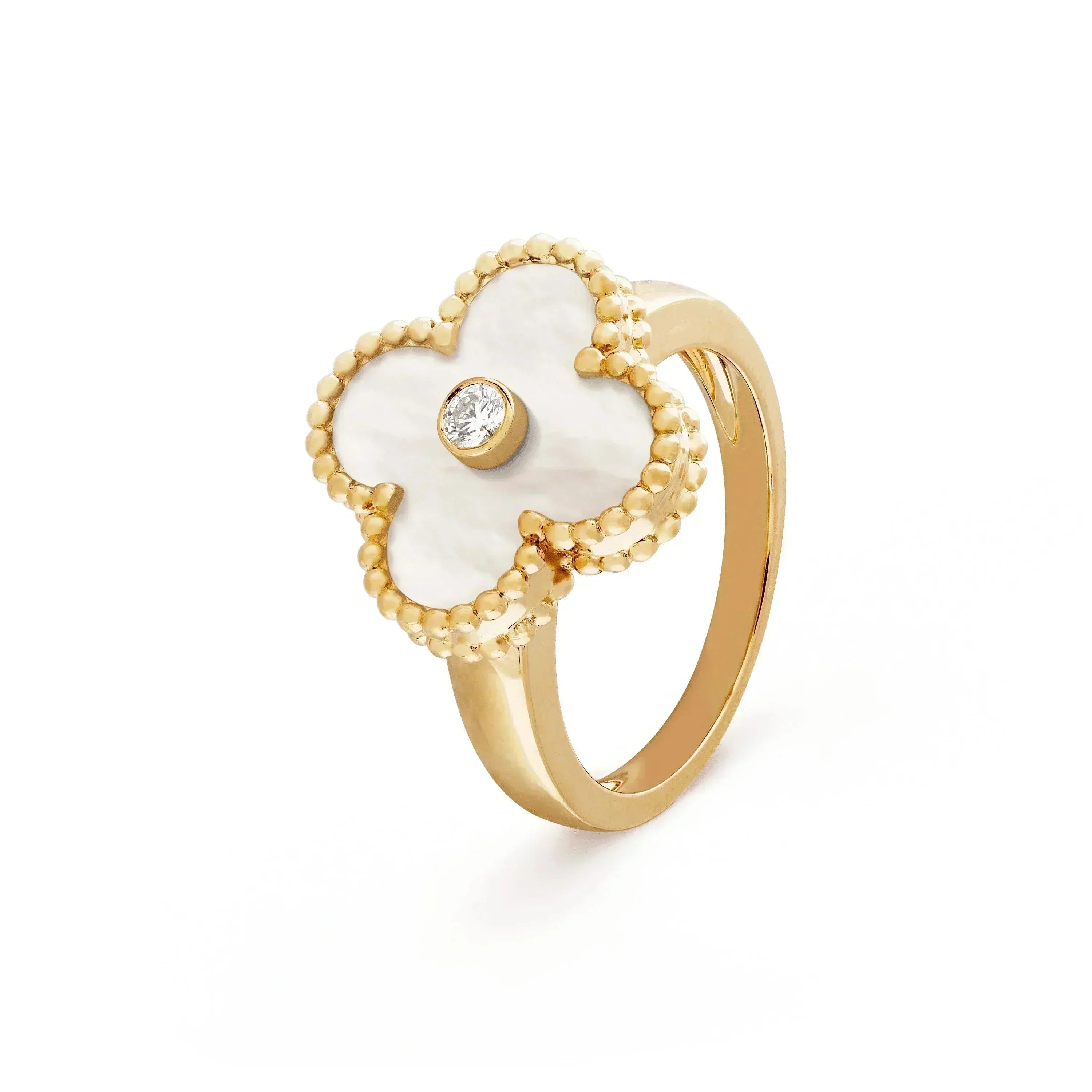 "Dream" Kleeblatt Rosa Perlmutt Ring Gold Diamant